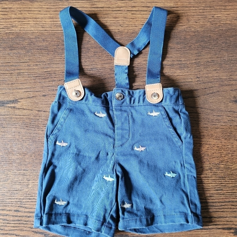 Gymboree Blue Shorts with Embroidered Sharks and Suspenders Size Boy 12-18 Month
